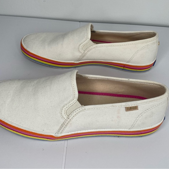 KATE Spade X Keds Double Decker Twill White Slip-On Sneakers with Rainbow Trim - Picture 7 of 13